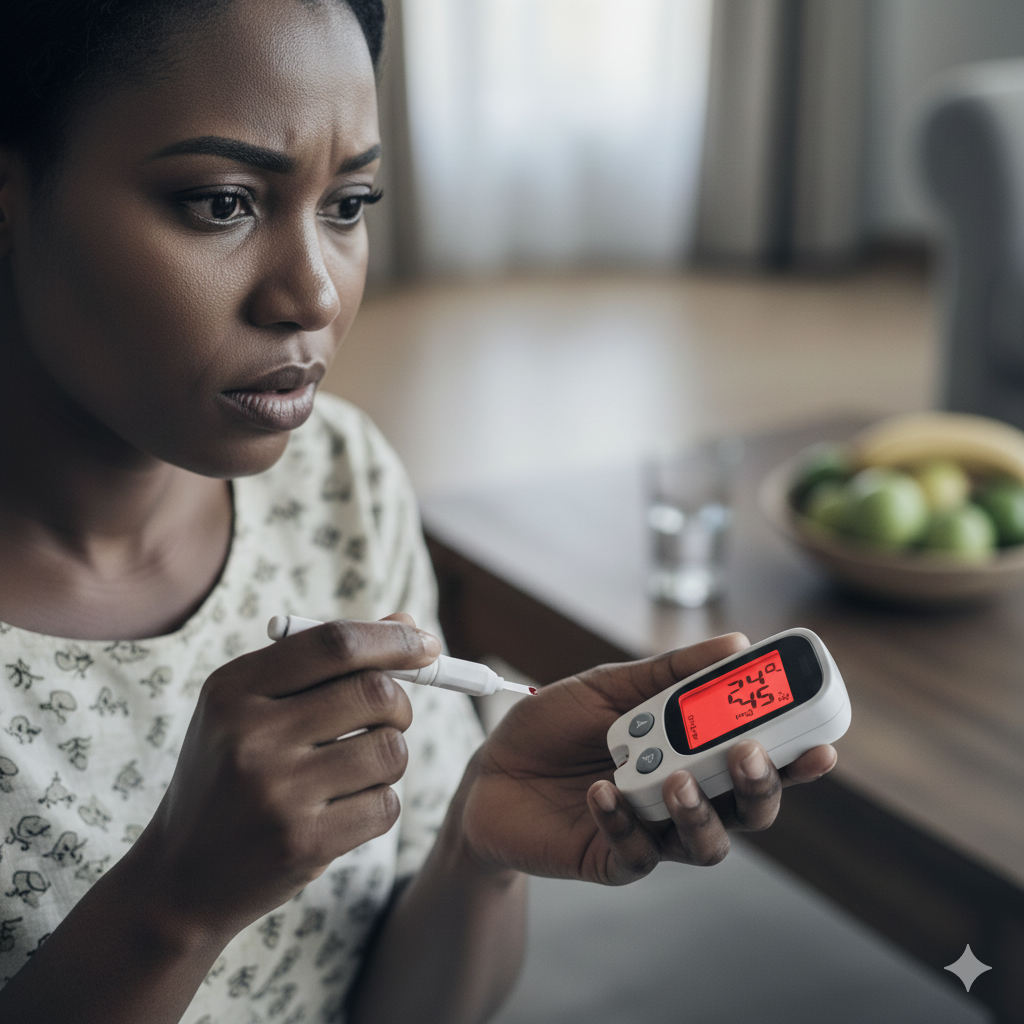 Nigerian woman checking blood sugar with concern